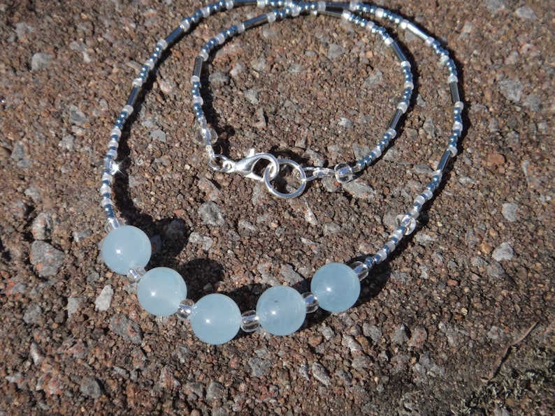 Aquamarine Birthstone Mars Aquamarine necklace Beaded necklace pale blue and silver Natural stones necklace Soothing property