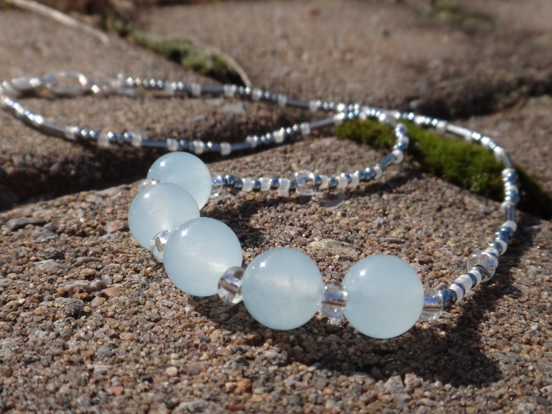 Aquamarine Birthstone Mars Aquamarine necklace Beaded necklace pale blue and silver Natural stones necklace Soothing property