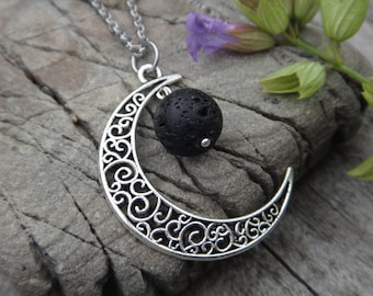 Essential oil diffuser Necklace. Lava stone Aromatherapy. Lava beads crescent moon. Stainless Steel chain Moon pendant Black Lava beads 12mm