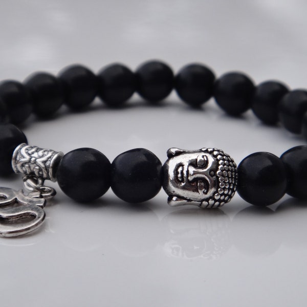 Bracelet for Men. Yoga, Meditation Bracelet. Om, Ohm, Buddha Tibetain Silver and black Howlite. Buddha Charm. Layering. Gift for Man. Unisex