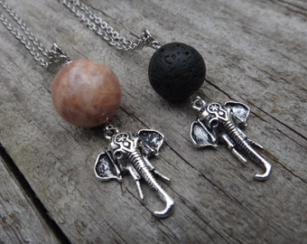 Essential oil diffuser Necklace. Lava stone Aromatherapy. Sunstone. Ganesh. Stainless Steel chain. Hindu jewelry. Ganesha Elephant pendant