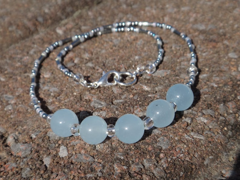 Aquamarine Birthstone Mars Aquamarine necklace Beaded necklace pale blue and silver Natural stones necklace Soothing property
