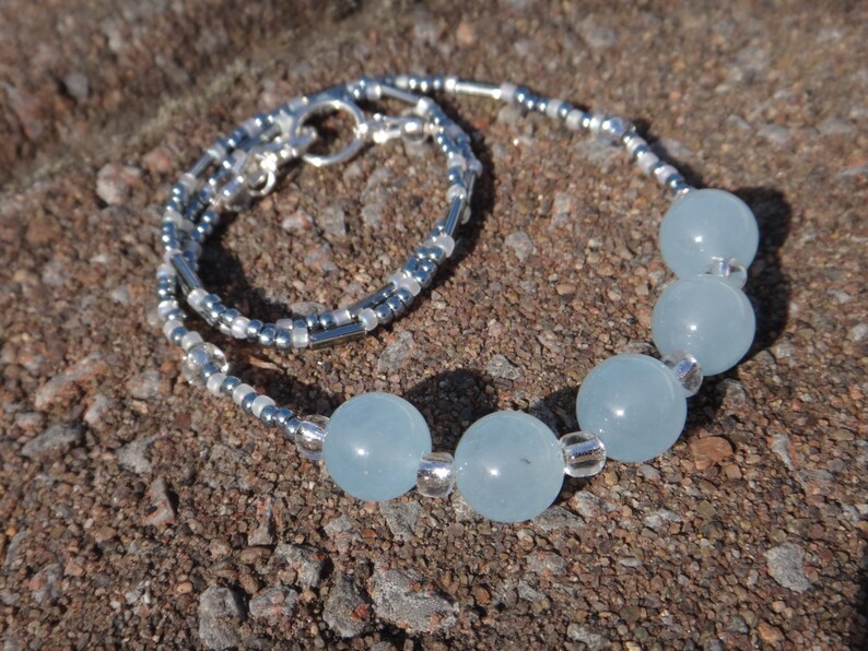 Aquamarine Birthstone Mars Aquamarine necklace Beaded necklace pale blue and silver Natural stones necklace Soothing property