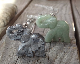 Gemstone elephant. Labradorite larvikite or Green Aventurine. Stainless Steel chain. Hindu jewelry. Ganesha Elephant pendant. Lucky stone