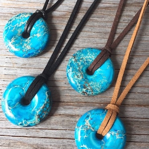 Blue sea sediment Jasper pendant 30 mm Protection Necklace Man / woman Natural stone circle. Colour variety rope or suede. Gemstone Donut