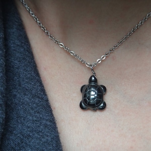 May include: A silver chain necklace with a black turtle pendant.