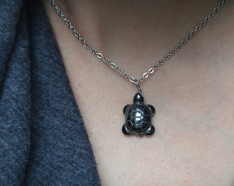 Hematite Tortoise on stainless chain. Symbol of wisdom, courage, perseverance. Balance stone. Lucky Turtle pendant