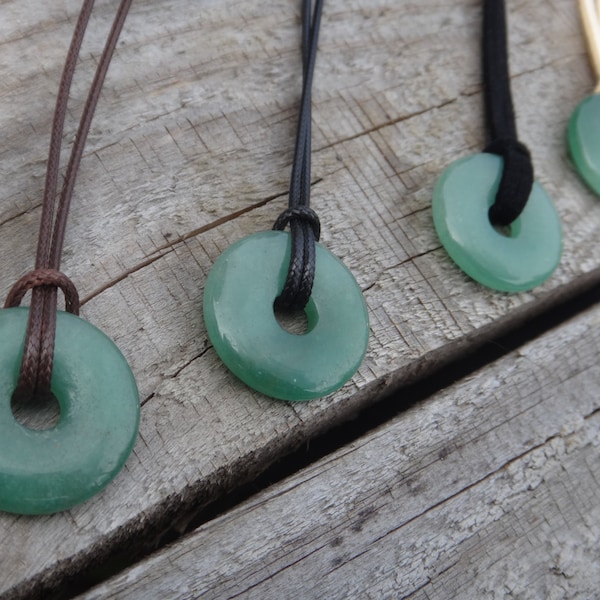 Green Aventurine pendant 30 mm Protection Necklace Man / woman Natural stone circle. Colour variety rope or suede. Aventurine Gemstone Donut