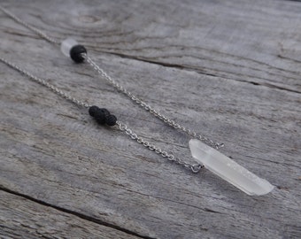 Essential oil diffuser Necklace. Lava stone Aromatherapy. Lava beads and Crystal point Stainless Steel chain Quartz pendant Black Lava beads