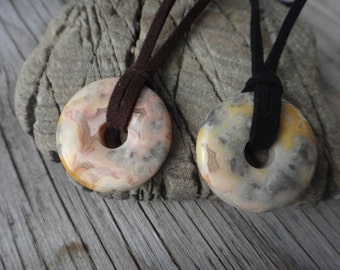 Crazy lace Agate donut pendant 25mm Necklace for man / woman Natural stone Colour variety rope / suede Crazy lace Agate Gemstone Donut