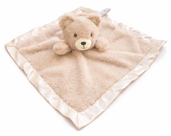SONA G DESIGNS Bear Lovie Security Blanket, Tan Plush with Satin Trim, 14x14 Inches, Baby Sleep Aid, 0-36 Months
