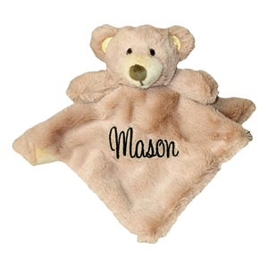 Custom Personalized Teddy Bear Lovie Lovey Security Blanket with Rattle (Light Brown Bear with Embroidery)