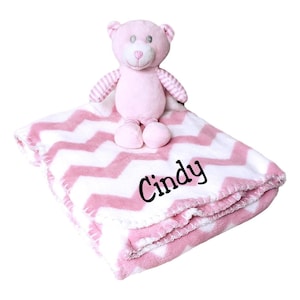 Personalized Baby Unisex Soft Blanket with Small Plush Pink Bear