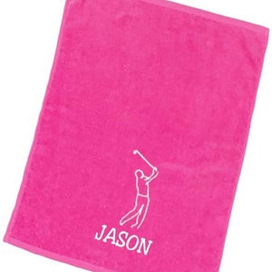 Personalized with Embroidered Name on Golf Towel with Clip - Pink Towel with Man Design