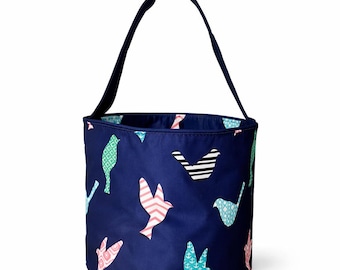 101 BEACH Fun Print Easter Basket Bucket Tote Bag Polyester Canvas (Navy Bird)