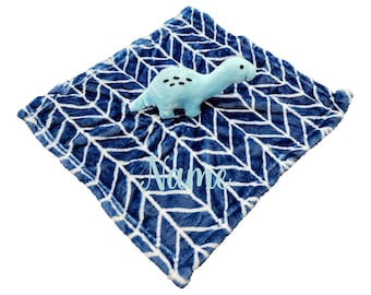 Dinosaur Lovey – Personalized Plush Security Blanket | Custom Embroidery | Soft Baby Snuggle Blankie (Blue)