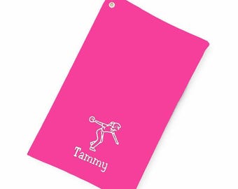 Women's Premium Plus Bowling Cotton Towel with Brass Grommet & Hook – Personalized Embroidered Ball Polisher 11 by 18 inches (Hot Pink)