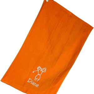 Personalized with Embroidered Name on Golf Towel with Clip - Orange Towel with Woman Design