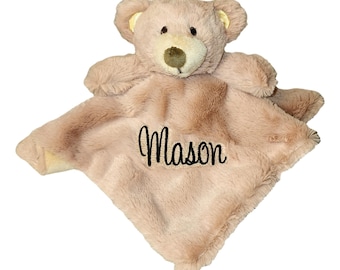 Custom Personalized Teddy Bear Lovie Lovey Security Blanket with Rattle (Light Brown Bear with Embroidery)