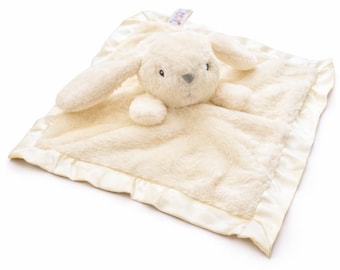 Bunny Rabbit Lovie Security Blanket, Cream Plush with Satin Trim, 12x12 Inches, Baby Sleep Aid, 0-36 Months
