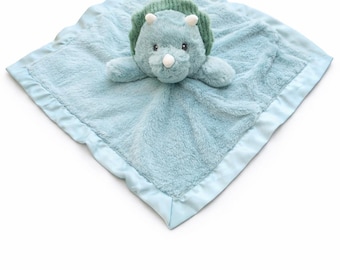SONA G DESIGNS Dinosaur Lovie Security Blanket, Teal Dino Plush with Satin Trim, 14x14 Inches, Baby Sleep Aid, 0-36 Months