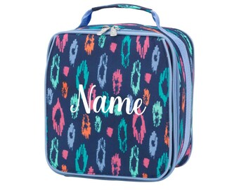 Custom Personalized Insulated Water Resistant Lunch Bag - 9" tall x 8" wide x 4" deep -Multi Color Print - Navy Background