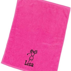 Personalized with Embroidered Name on Golf Towel with Clip - Pink Towel with Woman Design