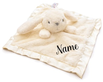 SONA G DESIGNS Personalized with Name Bunny Rabbit Lovie Security Blanket, Cream Plush with Satin Trim, 14x14 Inches, Baby Sleep Aid,...
