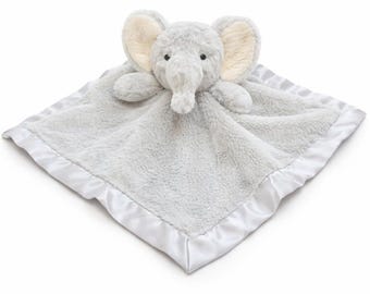 SONA G DESIGNS Elephant Lovie Security Blanket, Gray Plush with Satin Trim, 14x14 Inches, Baby Sleep Aid, 0-36 Months