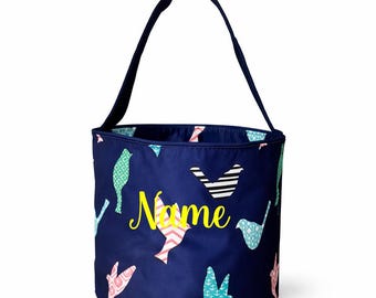 101 BEACH Personalized with Embroidered Name Fun Print Easter Basket Bucket Tote Bag Polyester Canvas (Navy Bird)