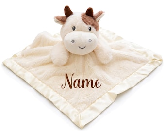 Personalized Cow Lovie Security Blanket, Cream Plush with Satin Trim, 14x14 Inches, Baby Sleep Aid, 0-36 Months