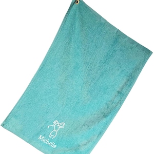 Personalized with Embroidered Name on Golf Towel with Clip - Aqua Towel with Woman Design