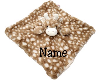 SONA G DESIGNS Personalized with Name Baby Giraffe Lovey Blanket with Rattle, Brown and White Dots