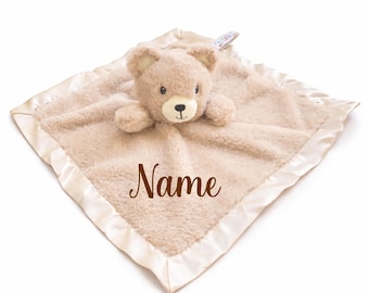 Personalized Baby Security Blanket, Tan Plush Bear Lovie with Satin Trim, Custom Name Embroidery, 14x14 Inches, 0-36 Months