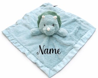Personalized with Name Dinosaur Lovie Security Blanket, Teal Dino Dinosaur Plush with Satin Trim, 14x14 Inches, Baby Sleep Aid, 0-36 Months