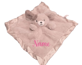 Personalized with Name Puppy Dog Lovie Security Blanket, Blush Plush with Satin Trim, 14x14 Inches, Baby Sleep Aid, 0-36 Months