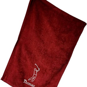 Personalized with Embroidered Name on Golf Towel with Clip - Burgundy Towel with Man Design