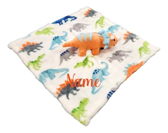 Dinosaur Lovey – Personalized Plush Security Blanket | Custom Embroidery | Soft Baby Snuggle Blankie (Orange)