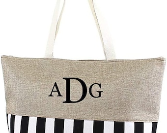 Large Zipper Top Stripe Print Canvas Beach Bag Tote - 22 inches by 14 inches by 7 inches
