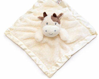 SONA G DESIGNS Cow Lovie Security Blanket, Cream Plush with Satin Trim, 12x12 Inches, Baby Sleep Aid, 0-36 Months