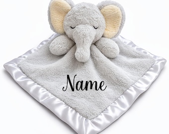SONA G DESIGNS Personalized with Name Elephant Lovie Security Blanket, Gray Plush with Satin Trim, 14x14 Inches, Baby Sleep Aid, 0-36 Months