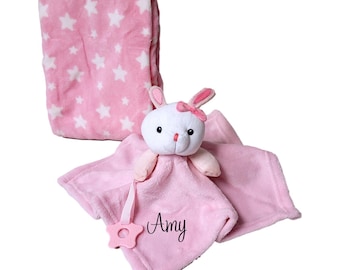 Personalized with Name Plush Bunny Security Blanket Lovey with Blanket Gift Set for Newborn Infant
