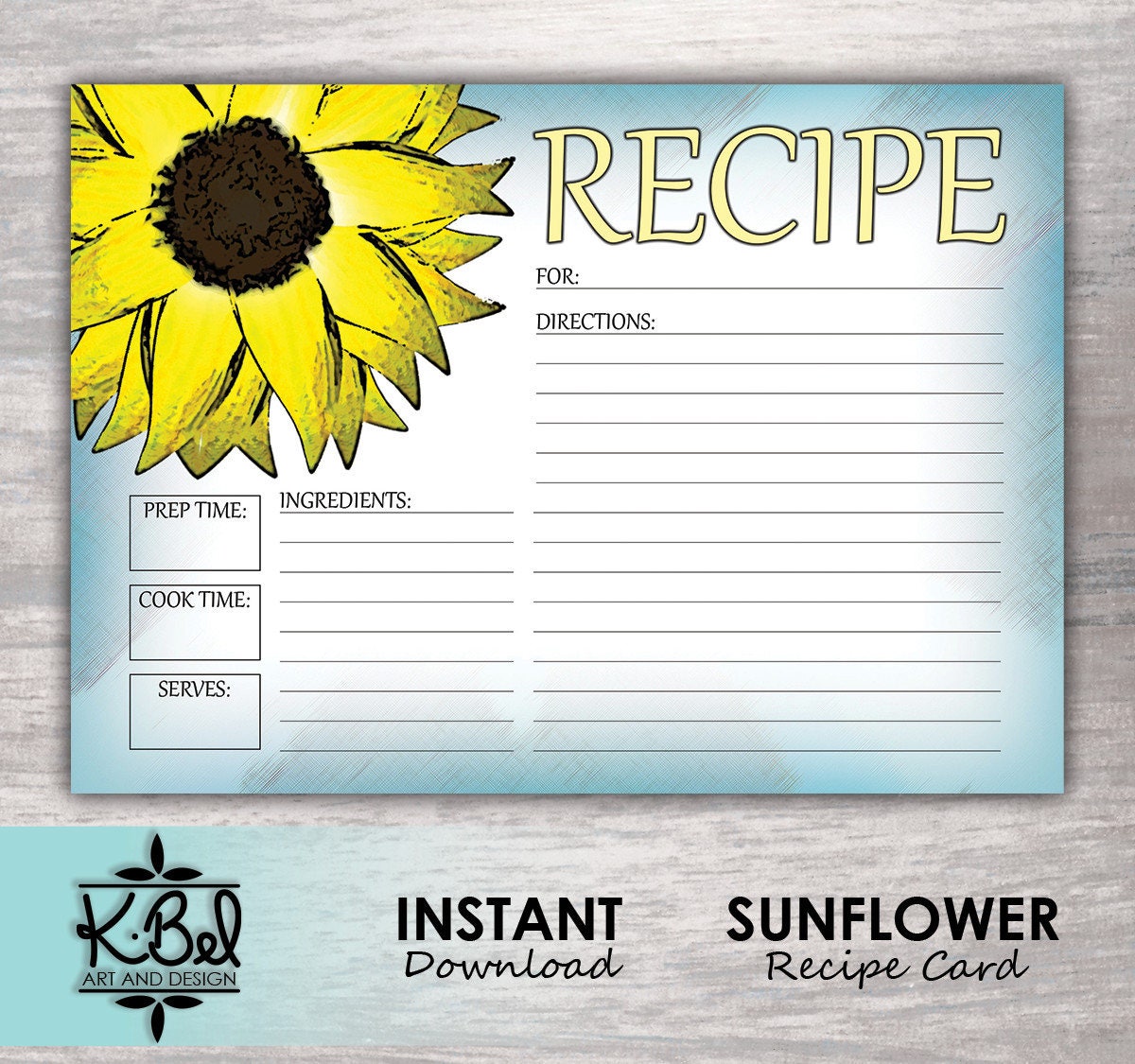 printable-sunflower-recipe-cards-blue-teal-background-etsy