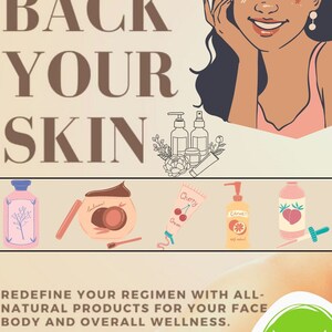 May include: A graphic illustration of a woman with a pink shirt and long dark hair, smiling and touching her face. The text "TAKE BACK YOUR SKIN" is in brown letters. The text "BEST SELLER" is in white letters on a brown background. The text "100% ORGANIC" is in green letters on a white background. The text "FORMULATION COURSE" is in green letters on a white background. The image shows various bottles and tubes of skincare products with labels that say "Cherry Cream", "Citrwé", and "Lavender".