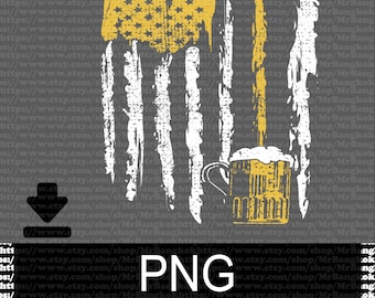 May include: A distressed American flag design with a beer mug and a beer tap. The flag is white and yellow with a distressed look. The beer mug is yellow and has a white foam top. The beer tap is silver and has a yellow handle.