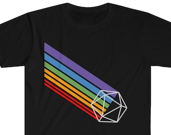 May include: Black t-shirt featuring a rainbow stripe design and a white outline of a twenty-sided die.