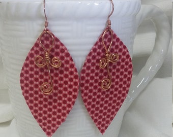 Copper Wire Fabric Earrings: Red Geometric Dangle Earrings
