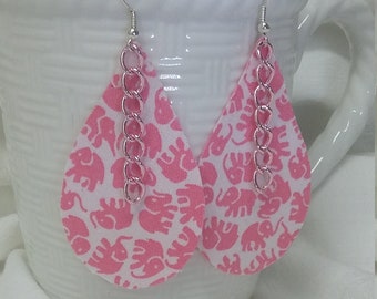 Pink Elephant Fabric Earrings: Teardrop Statement Earrings