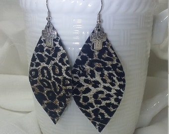 Cheetah Fabric Earrings: Lightweight Statement Earrings with Cross Charm
