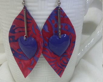Batik Fabric Earrings: Lightweight Red Purple Heart Statement